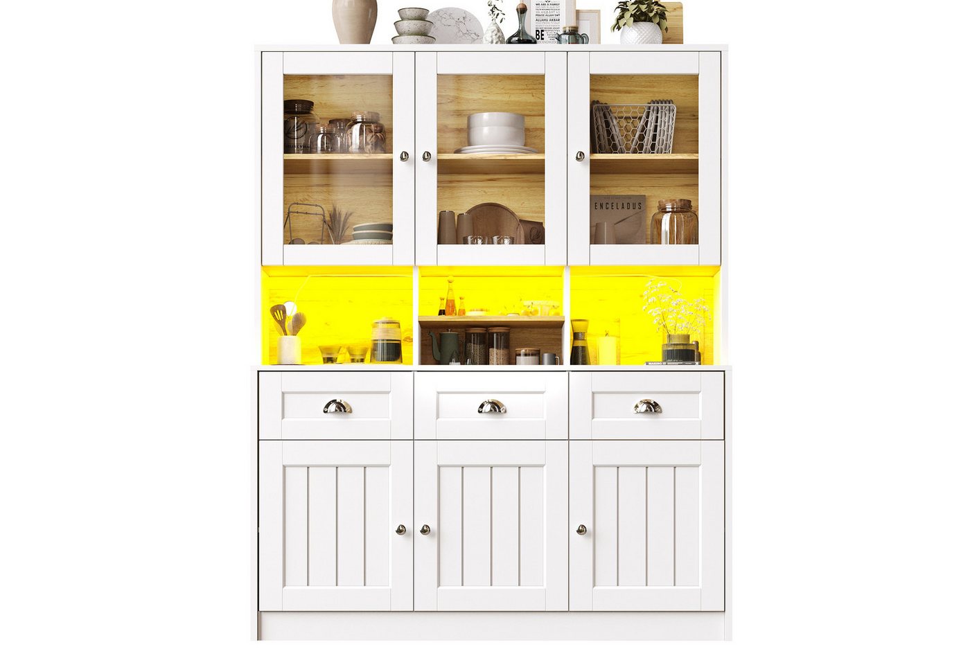 autolock Küchenbuffet Hochschrank Buffetschrank mit LED-Beleuchtung Verstellbaren Ablagen (140×40×175 cm) Vitrinen Sideboard Küchenschrank für Esszimmer und Wohnzimmer von autolock