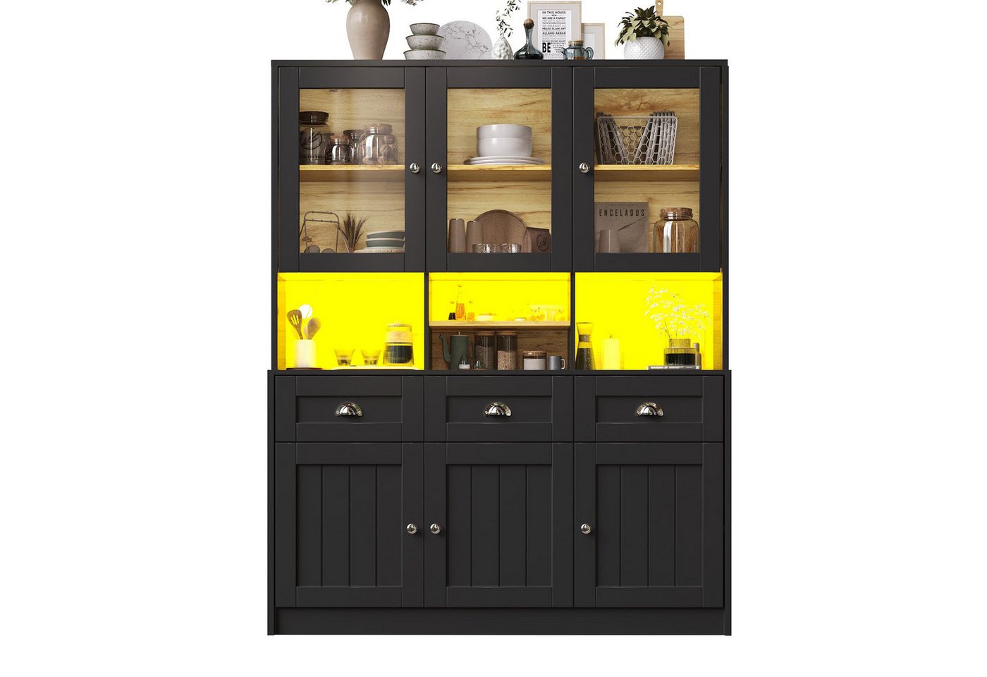 autolock Küchenbuffet Hochschrank Buffetschrank mit LED-Beleuchtung Verstellbaren Ablagen (140×40×175 cm) Vitrinen Sideboard Küchenschrank für Esszimmer und Wohnzimmer von autolock