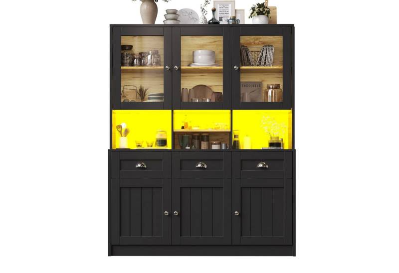 autolock Küchenbuffet Hochschrank Buffetschrank mit LED-Beleuchtung Verstellbaren Ablagen (140×40×175 cm) Vitrinen Sideboard Küchenschrank für Esszimmer und Wohnzimmer von autolock