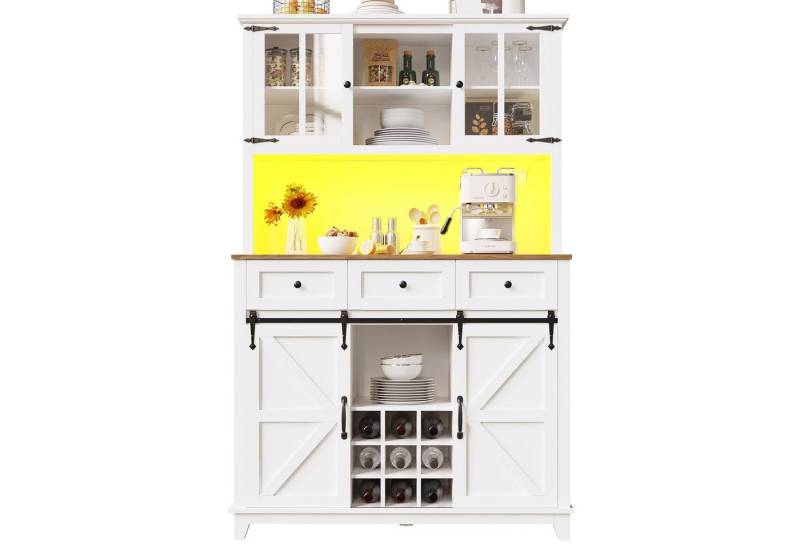 autolock Küchenbuffet Hochschrank Küchenschrank Buffetschrank mit LED-Beleuchtung Vitrinenschrank Sideboard mit Verstellbaren Ablagen 105×38.4×180 cm von autolock