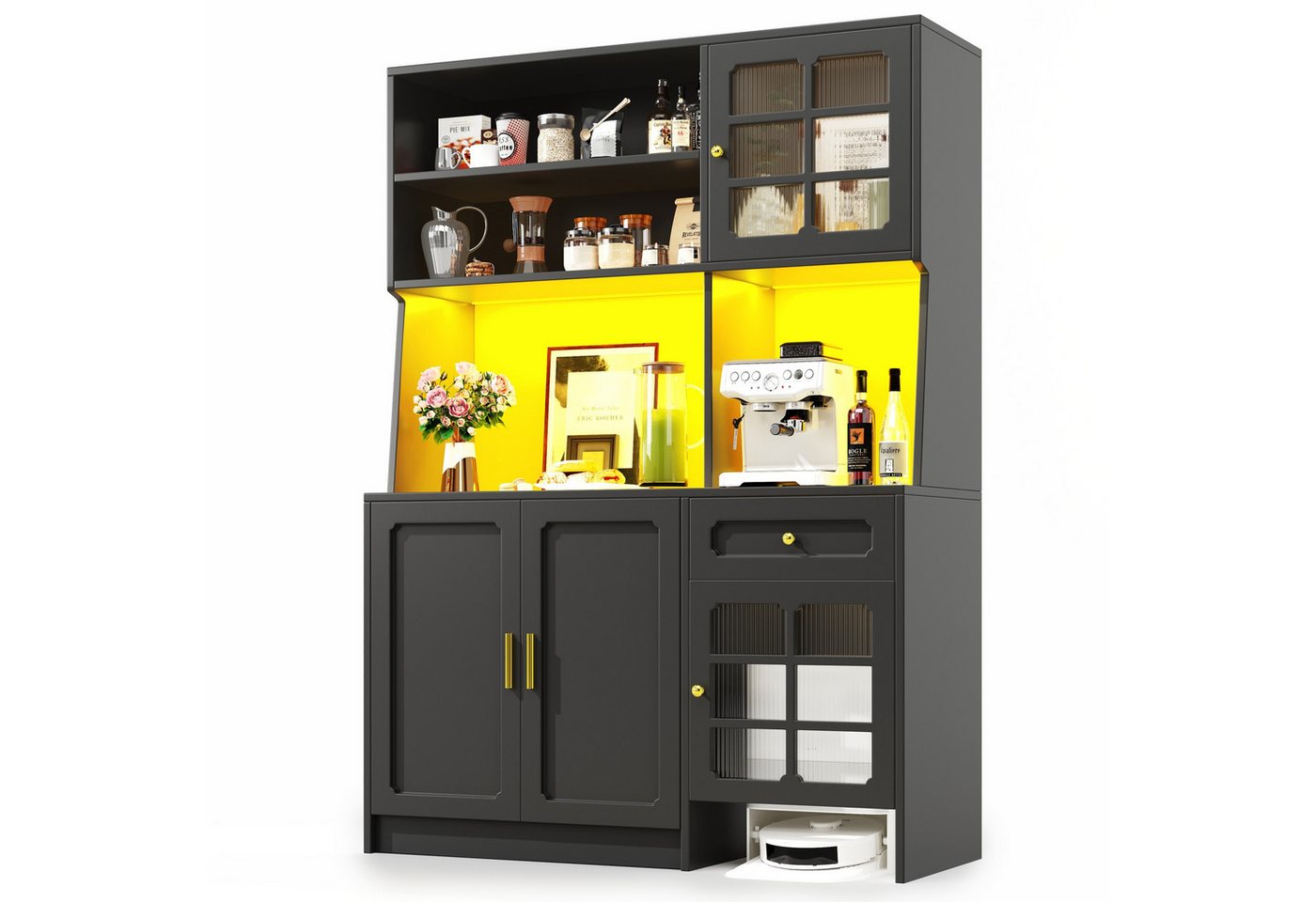 autolock Küchenbuffet Küchenschrank Küchenbuffet Sideboard mit Glastüren & LED-Beleuchtung Schrank Schwarz mit Arbeitsplatte, 130 x 45 x 180 cm autolock Küchenbuffet Küchenschrank Küchenbuffet Sideboard mit Glastüren & LED-Beleuchtung Schrank Schwarz mit Arbeitsplatte, 130 x 45 x 180 cm von autolock