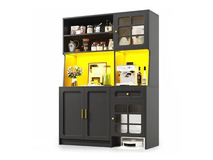 autolock Küchenbuffet Küchenschrank Küchenbuffet Sideboard mit Glastüren & LED-Beleuchtung Schrank Schwarz mit Arbeitsplatte, 130 x 45 x 180 cm von autolock