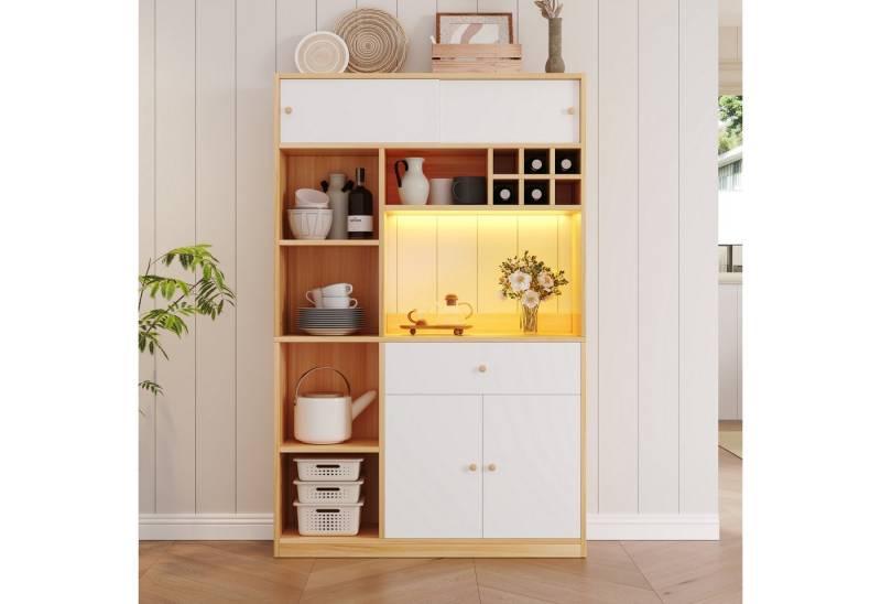 autolock Küchenbuffet Küchenschrank mit LED, Buffetschrank Sideboard mit 1 Schublade 3 Türen (115×35×180 cm) Mehrzweckschrank Mikrowelle Rost Anrichte für Esszimmer Wohnzimmer von autolock