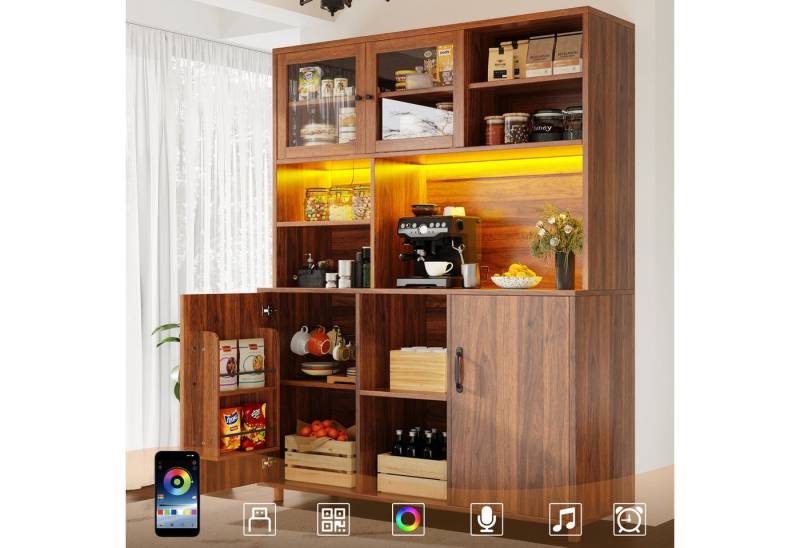autolock Küchenbuffet Küchenschrank mit LED-Beleuchtung Hochschränke Buffetschrank (120×40×185cm Schranktür mit Snackablage) Sideboard Esszimmerschrank Schränke, Retro-Stil, Walnussfarbe von autolock