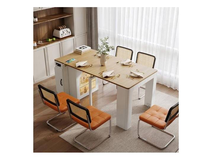 autolock Kücheninsel Ausziehbarer Esstisch Bartisch Servierwagen mit Rollen, LED-Leuchten, Sideboard Anrichte mit abnehmbarer Tischplatte für Küche von autolock