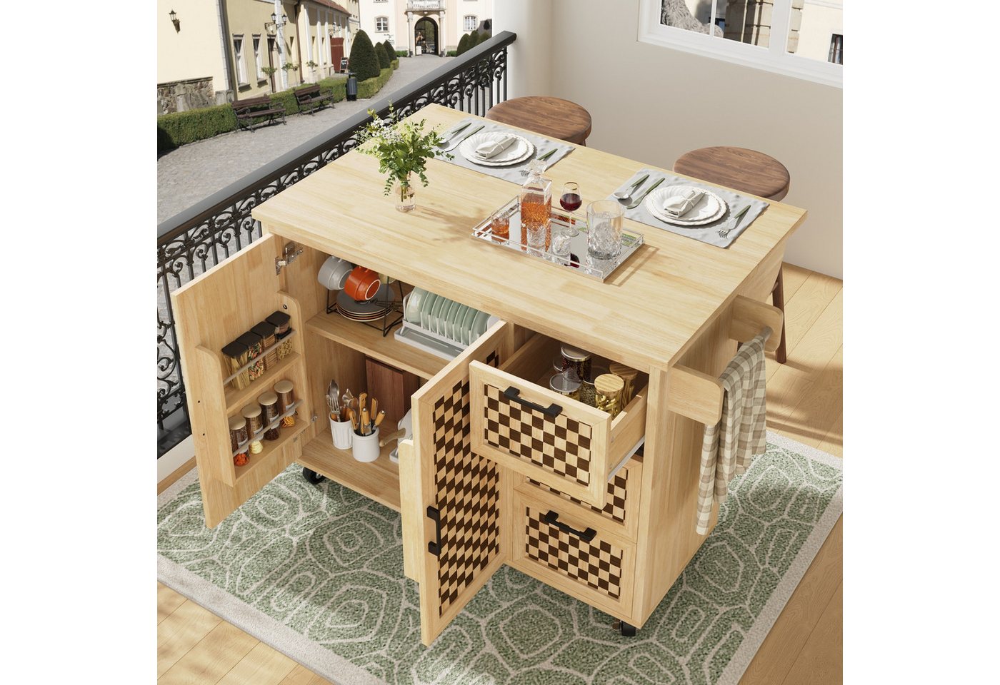 autolock Kücheninsel Buffetschrank ausziehbarer Küchenwagen mit Rollen Schachbrettmuster, mit Handtuchhalter, Türfachregal, 2 Türen, 3 Schubladen, Holzmaserung autolock Kücheninsel Buffetschrank ausziehbarer Küchenwagen mit Rollen Schachbrettmuster, mit Handtuchhalter, Türfachregal, 2 Türen, 3 Schubladen, Holzmaserung von autolock