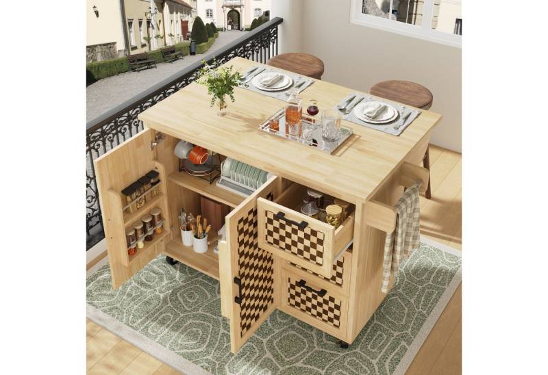 autolock Kücheninsel Buffetschrank ausziehbarer Küchenwagen mit Rollen Schachbrettmuster, mit Handtuchhalter, Türfachregal, 2 Türen, 3 Schubladen, Holzmaserung autolock Kücheninsel Buffetschrank ausziehbarer Küchenwagen mit Rollen Schachbrettmuster, mit Handtuchhalter, Türfachregal, 2 Türen, 3 Schubladen, Holzmaserung von autolock