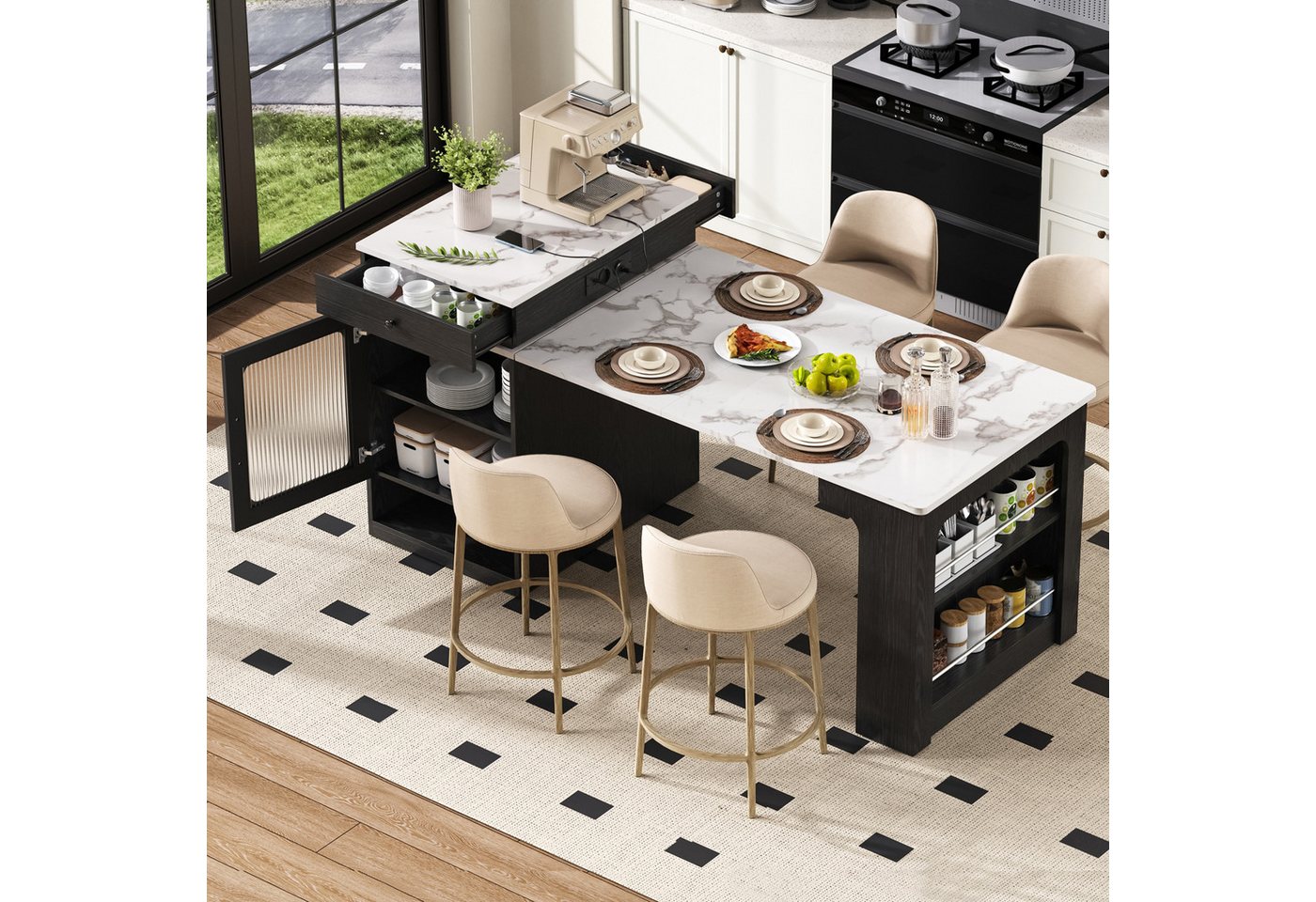 autolock Kücheninsel Kücheninsel Ausziehbarer Esstisch mit Rollen, abnehmbarer Tischplatte, Bartisch Anrichte Sideboard Bartisch für Küche & Esszimmer von autolock