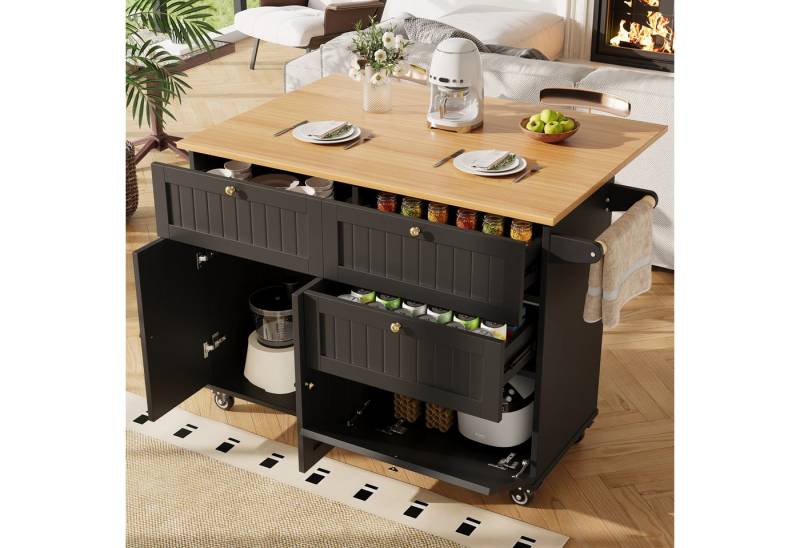 autolock Kücheninsel Moderne Speisewagen mit Holzmaserung Desktop erweiterbar, Multifunktionale Küchenschrank buffetschrank Esstisch von autolock