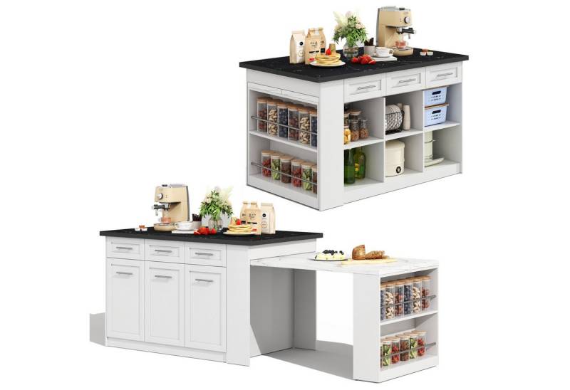 autolock Kücheninsel Multifunktionale Kücheninsel mit ausziehbarer Esstisch, Stauschränke, Kochinsel Küchenarbeitsblock mit Marmoroberfläche für Familienküchen von autolock