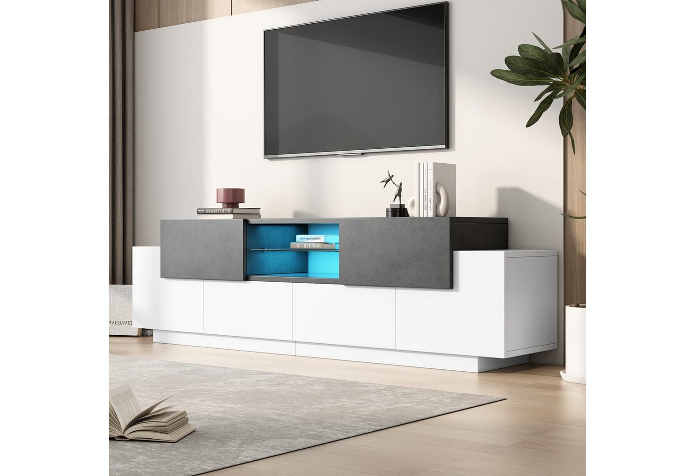autolock Lowboard LED TV Schrank passend für 55–80 Zoll Fernseher (180 × 40 × 45 cm), Fernsehschrank mit Glasböden & Stauraum für Wohnzimmer von autolock