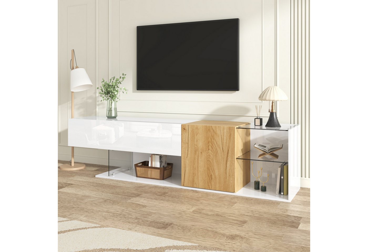 autolock Lowboard Moderne TV-Schrank in Hochglanz Weiß mit Holzoptik und Glasregalen (180×38×48 cm), TV-Board TV-Kommode Fernsehschrank für Wohnzimmer Schlafzimmer von autolock