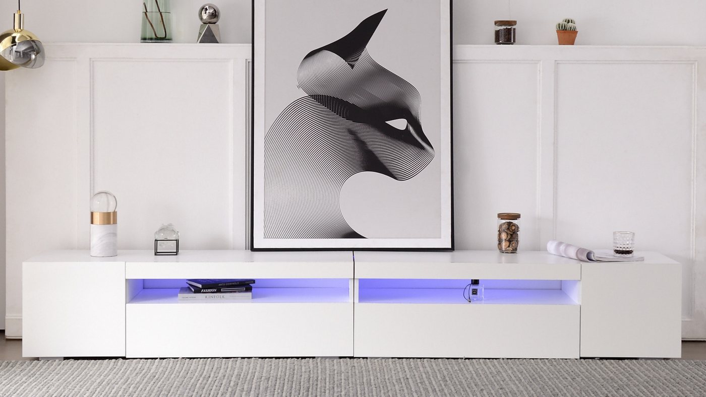 autolock Lowboard Moderner TV-Schrank in Weißer mit variable LED-Leuchten, bis 85 Zoll (240 × 38,5 × 35,5 cm), TV-Board Fernsehschrank Kommode für Wohn- und Esszimmer von autolock
