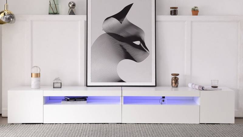 autolock Lowboard Moderner TV-Schrank in Weißer mit variable LED-Leuchten, bis 85 Zoll (240 × 38,5 × 35,5 cm), TV-Board Fernsehschrank Kommode für Wohn- und Esszimmer von autolock