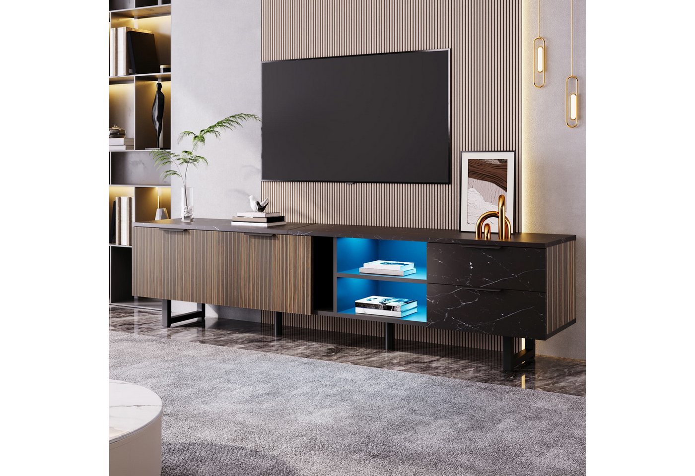 autolock Lowboard TV-Schrank 200 cm in schwarzer Marmoroptik mit LED (200 L × 50 H × 38 B cm), TV-Board Fernsehschrank für Wohnzimmer Schlafzimmer von autolock