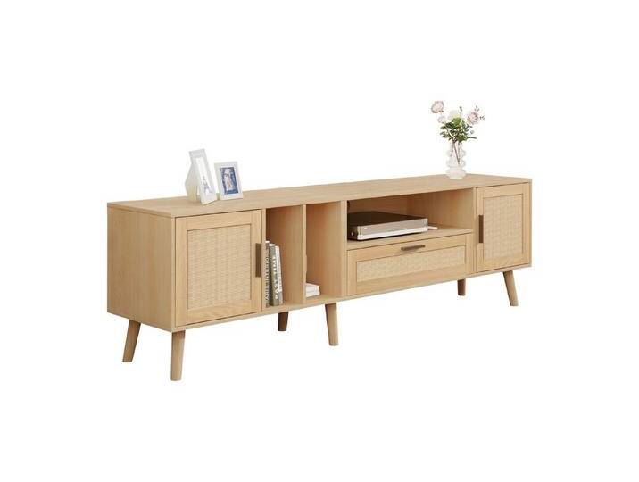 autolock Lowboard TV-Schrank Beine aus Massivholz mit Rattan-Deko 2 Türen 1 Schublade (180×40×54 cm), TV-Board Fernsehschrank für 80-Zoll-Fernseher von autolock