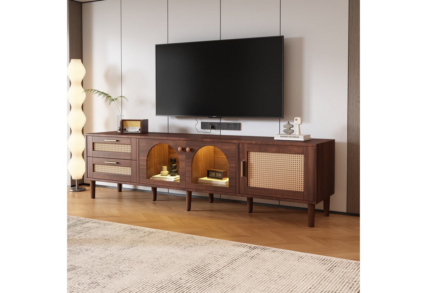 autolock Lowboard TV-Schrank Fernsehschrank für 80-Zoll-Fernseher mit LED-Beleuchtung (2 Rattan-Schubladen 2 gewölbten Glastüren & 1 Rattan-Tür, 180 cm), TV-Board Fernsehschrank Kommode für Wohnzimmer Schlafzimmer von autolock