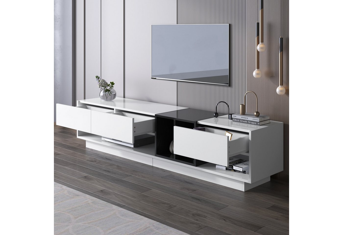 autolock Lowboard TV-Schrank Hochglanz-Weiß & Schwarz 190 x 40 x 42cm, TV-Board Fernsehschrank Kommode Farbblockierendes Design von autolock