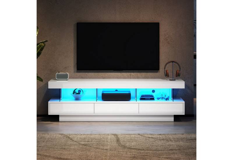 autolock Lowboard TV-Schrank Hochglanz mit LED-Beleuchtung 3 Glasfächern für 70-Zoll-TV (160*38*50.5 cm), Smart-TV-Board Fernsehschrank Kommode TV-Ständer für Wohnzimmer von autolock