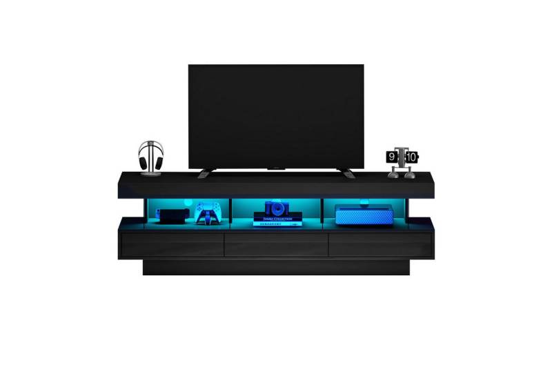 autolock Lowboard TV-Schrank Hochglanz mit LED-Beleuchtung 3 Glasfächern für 70-Zoll-TV (160*38*50.5 cm), Smart-TV-Board Fernsehschrank Kommode TV-Ständer für Wohnzimmer von autolock