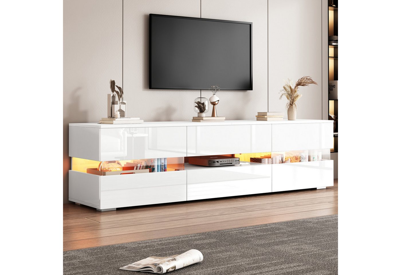 autolock Lowboard TV-Schrank Hochglanz mit LED-Beleuchtung für 70-Zoll-Fernseher (160 × 39 × 45 cm), TV-Stände Fernsehschrank TV-Board mit Acryl-Glaseinsatz Drucköffnung von autolock