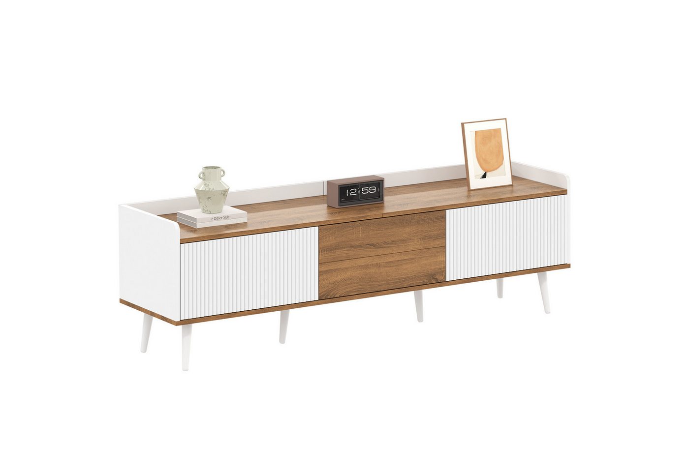 autolock Lowboard TV-Schrank Kompakte TV-Ständer Weiß & natürliche Holzmaserung (160 × 39 × 49,5 cm), TV-Board Fernsehschrank Kommode für Wohnzimmer Schlafzimmer von autolock