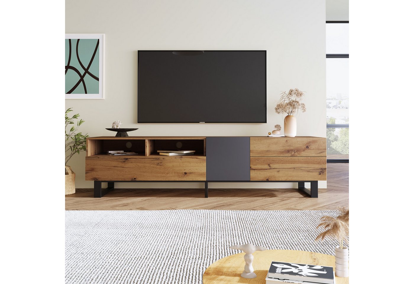 autolock Lowboard TV-Schrank Moderner Colorblocking TV-Board mit Holzmaserung (180 x 38 x 50 cm), Fernsehschrank Kommode für Wohnzimmer Schlafzimmer von autolock