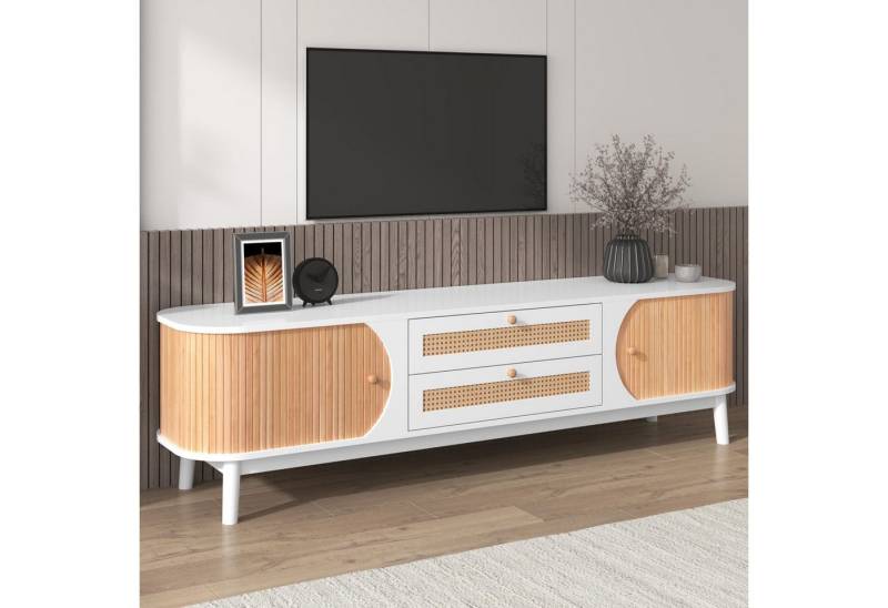 autolock Lowboard TV-Schrank Natürlicher Holz mit Rattantüren Massivholzbeinen (Natürlicher Landhausstil TV-Ständer mit Türen & Schubladen, 170 cm), TV-Board Fernsehschrank Kommode für Wohnzimmer Schlafzimmer von autolock