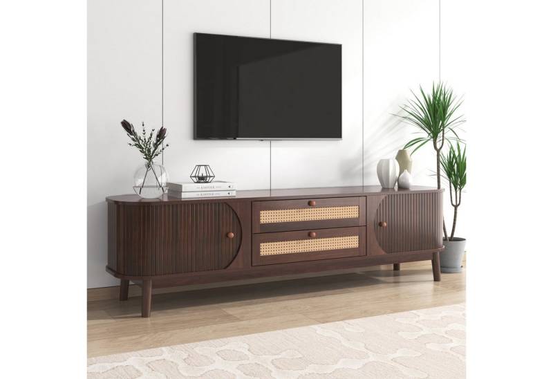 autolock Lowboard TV-Schrank Natürlicher Holz mit Rattantüren Massivholzbeinen (Natürlicher Landhausstil TV-Ständer mit Türen & Schubladen, 170 cm), TV-Board Fernsehschrank Kommode für Wohnzimmer Schlafzimmer von autolock