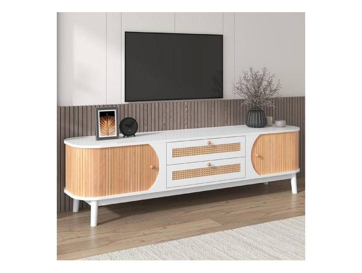 autolock Lowboard TV-Schrank Natürlicher Holz mit Rattantüren Massivholzbeinen (Natürlicher Landhausstil TV-Ständer mit Türen & Schubladen, 170 cm), TV-Board Fernsehschrank Kommode für Wohnzimmer Schlafzimmer von autolock