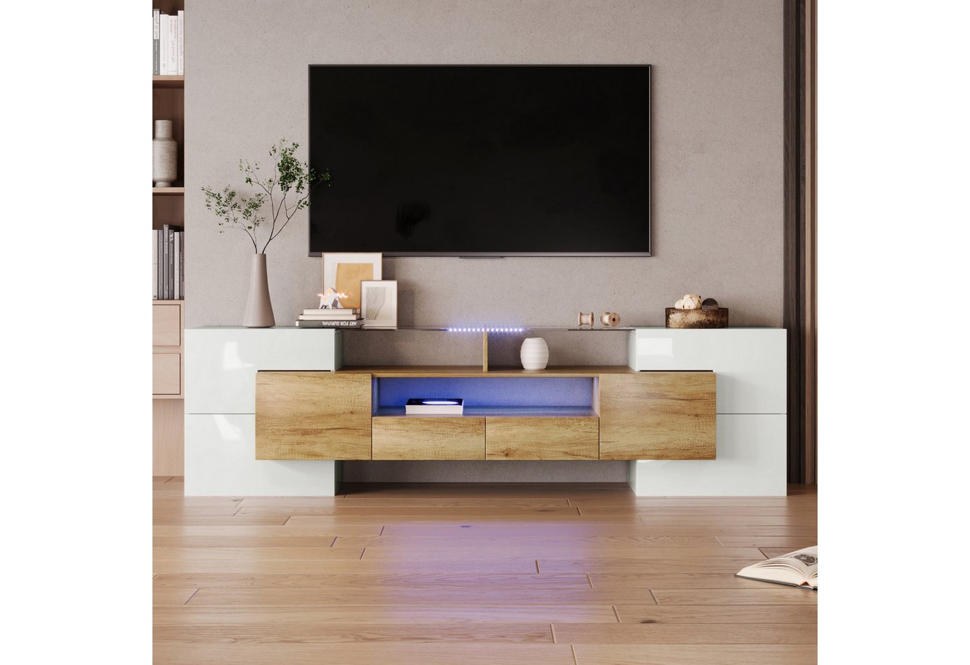 autolock Lowboard TV-Schrank TV-Board hochglänzendes mit LED-Beleuchtung, Glasoberfläche (200 x 35 x 60 cm), Wohnzimmermöbel Fernsehschrank Kommode für Wohnzimmer Schlafzimmer von autolock