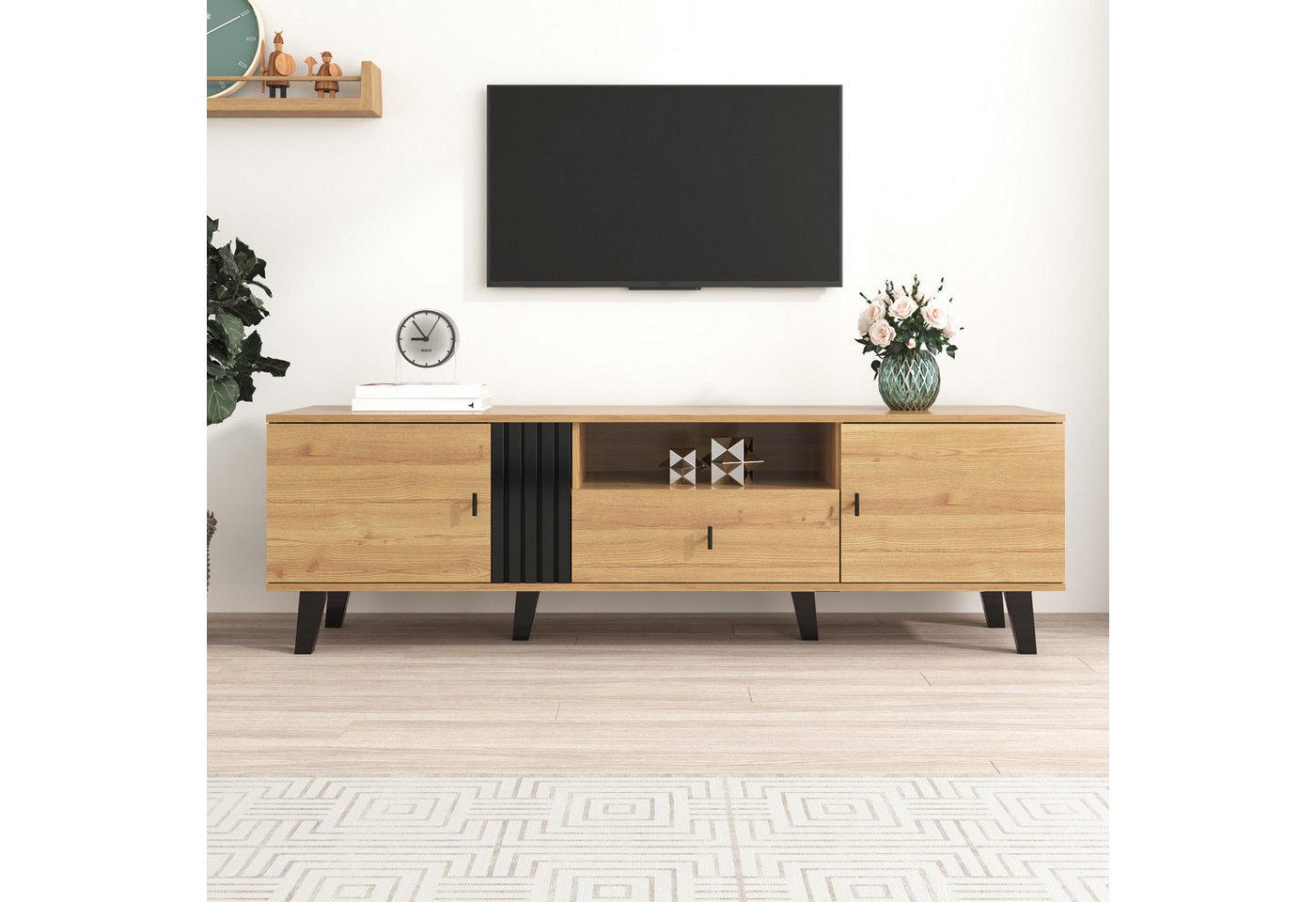 autolock Lowboard TV-Schrank TV-Board mit Holz- & Schwarzdesign (170 × 40 × 50,5 cm), Fernsehschrank Kommode für Wohnzimmer Schlafzimmer von autolock