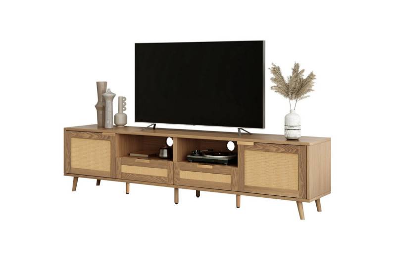 autolock Lowboard TV-Schrank TV-Ständer mit Massivholz Füße, Rattan TV-Panel (200×37×49 cm), TV-Board Fernsehschrank Kommode für Wohnzimmer Schlafzimmer von autolock
