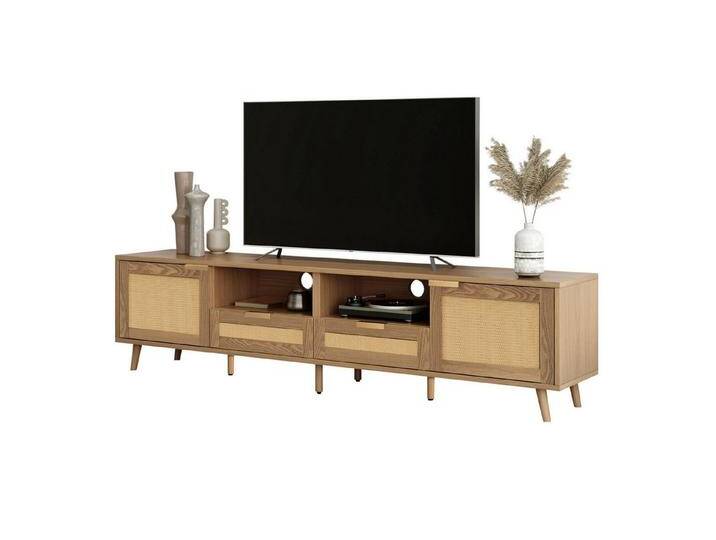 autolock Lowboard TV-Schrank TV-Ständer mit Massivholz Füße, Rattan TV-Panel (200×37×49 cm) von autolock