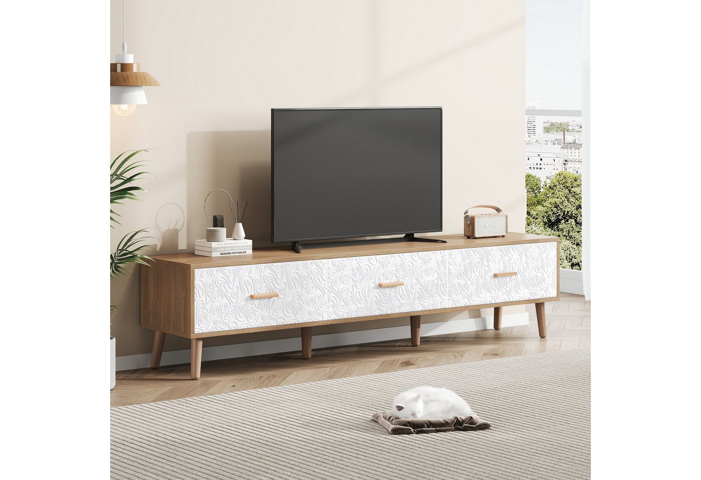 autolock Lowboard TV-Schrank Vintage TV-Tisch Grain weiße Türverkleidung (150*35*39 cm), TV-Board Kommode für Wohnzimmer Schlafzimmer von autolock