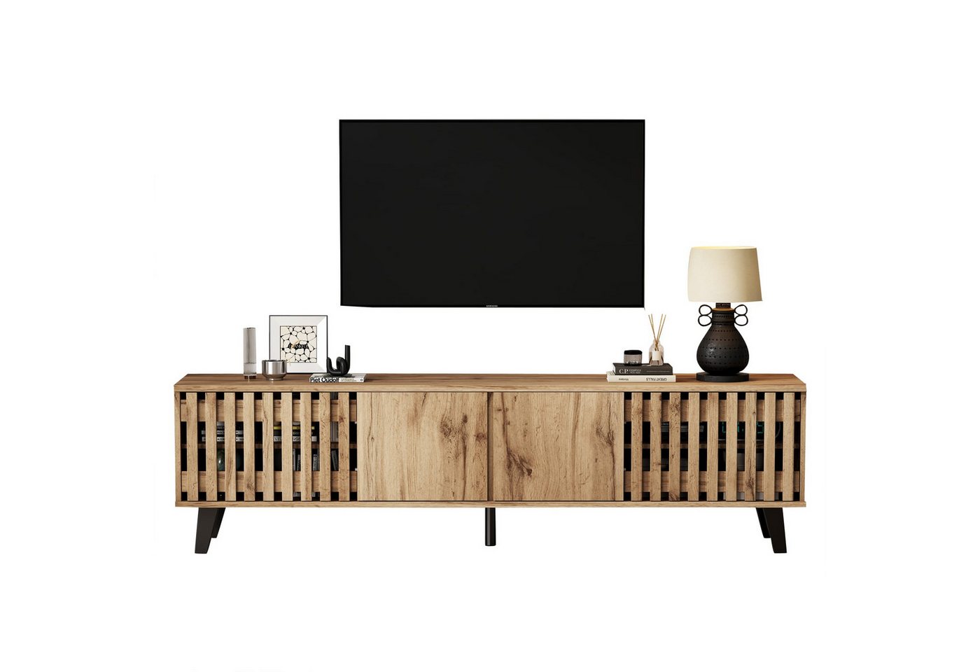 autolock Lowboard TV-Schrank in Originalholzfarbe für 70-Zoll-Fernseher (180 x 40 x 55 cm, 8 separate Ablagefächer), TV-Board Fernsehschrank Kommode TV-Ständer für Wohnzimmer von autolock