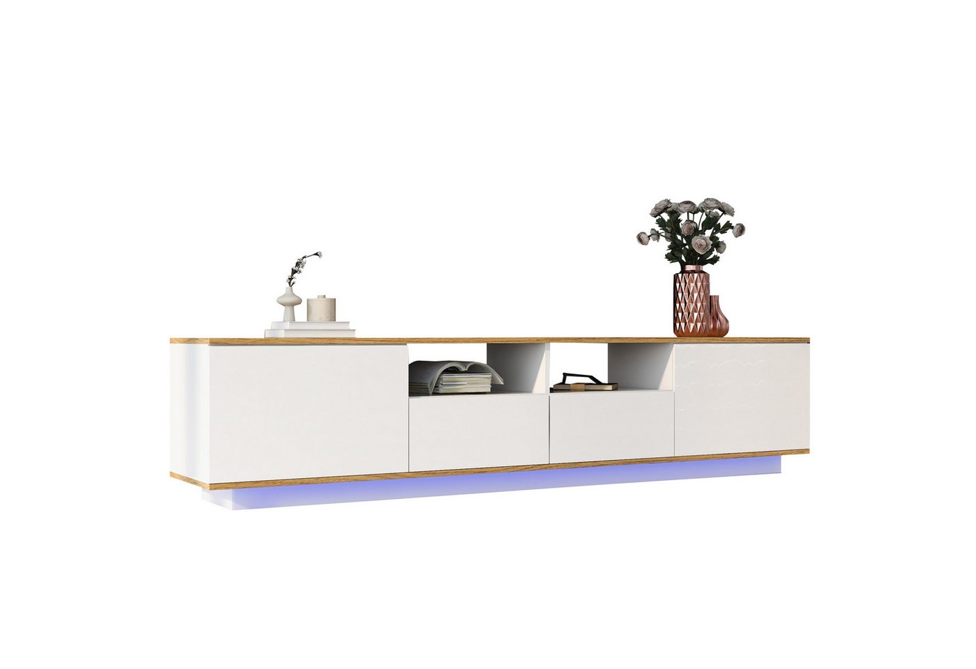 autolock Lowboard TV-Schrank in weiss mit LED-Licht 2 Schubladen und 4 offene Regale (180×40×50 cm), TV-Board Fernsehschrank Kommode für Wohnzimmer Schlafzimmer von autolock