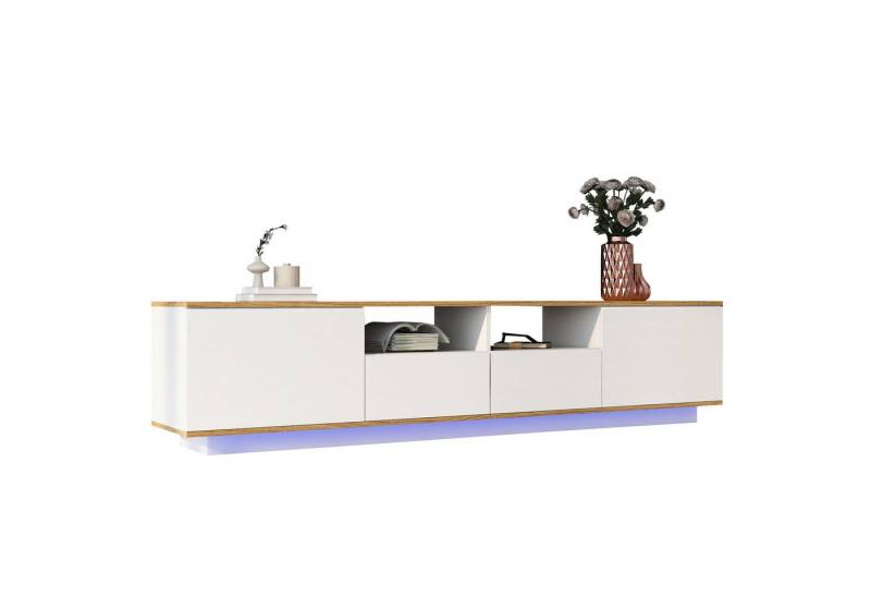 autolock Lowboard TV-Schrank in weiss mit LED-Licht 2 Schubladen und 4 offene Regale (180×40×50 cm), TV-Board Fernsehschrank Kommode für Wohnzimmer Schlafzimmer von autolock