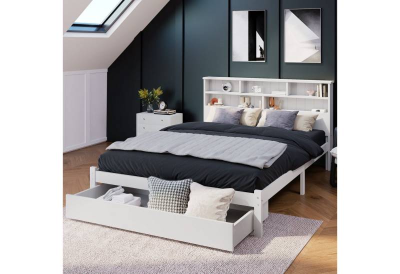 autolock Massivholzbett Kiefer Einzelbett Doppelbett mit Schubladen, Lattenrost, Bücherregal (140x200cm Bettgestell Keine Matratze), für Erwachsene, Jugendliche und Kinder von autolock
