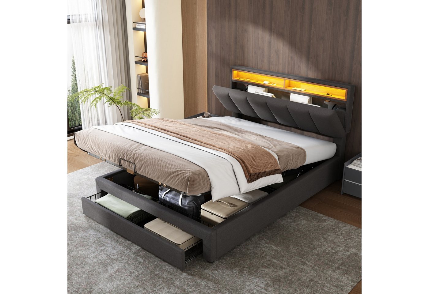 autolock Polsterbett Doppelbett hydraulisches Stauraumbett Continentalbett mit LED-Licht (140*200 cm), Jugendbett Kinderbett, Verstaubares Kopfteil Stahlrahmen, Leinen, grau von autolock
