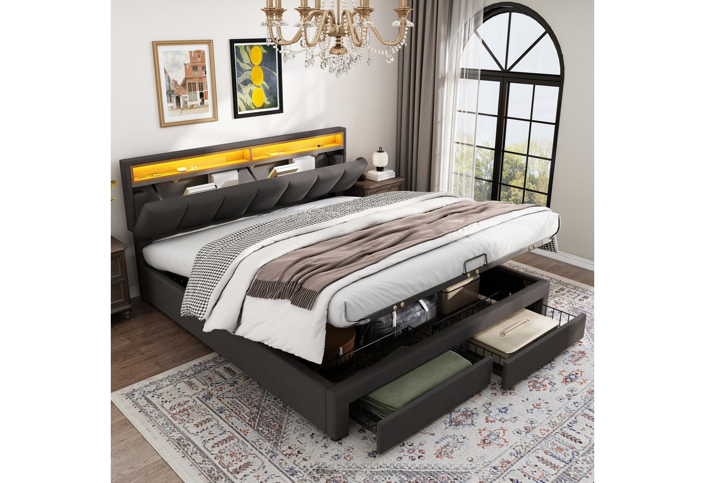 autolock Polsterbett Doppelbett hydraulisches Stauraumbett Continentalbett mit LED-Licht (140*200 cm), Jugendbett Kinderbett, Verstaubares Kopfteil Stahlrahmen, Leinen, grau von autolock