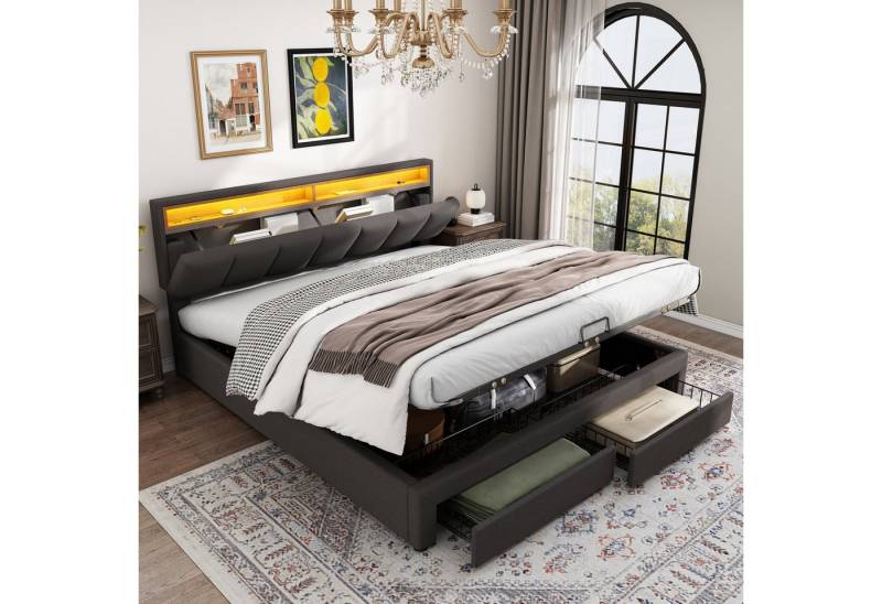 autolock Polsterbett Doppelbett hydraulisches Stauraumbett Continentalbett mit LED-Licht (140*200 cm), Jugendbett Kinderbett, Verstaubares Kopfteil Stahlrahmen, Leinen, grau von autolock