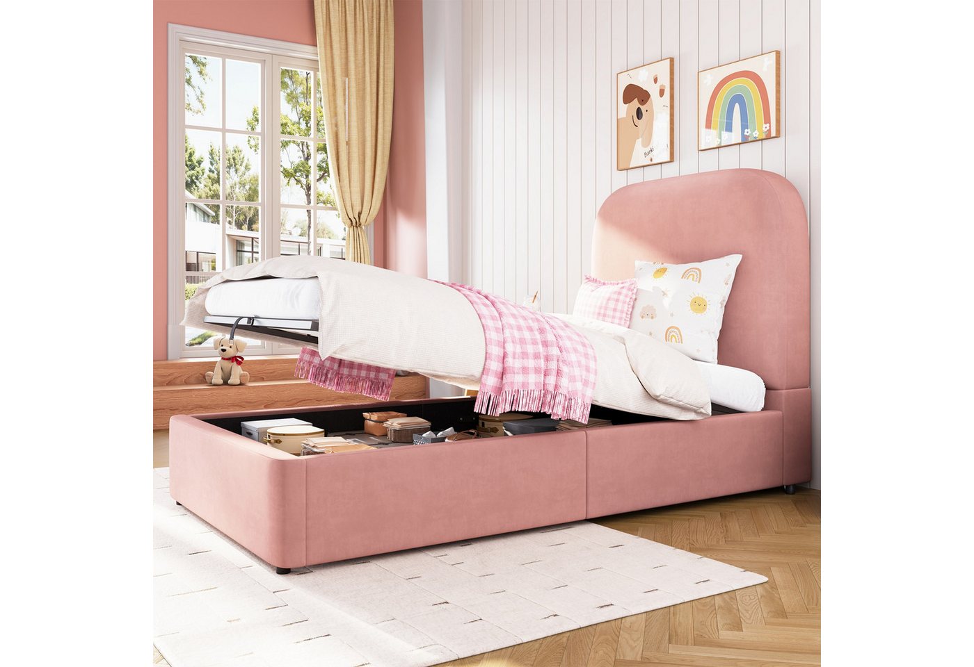 autolock Polsterbett Einzelbett, Kinderbett Bettgestell mit Lattenrost Kopfteil Stauraum (90 x 200 cm), Bett hydraulisches Funktionsbett Jugendbett, Samt von autolock