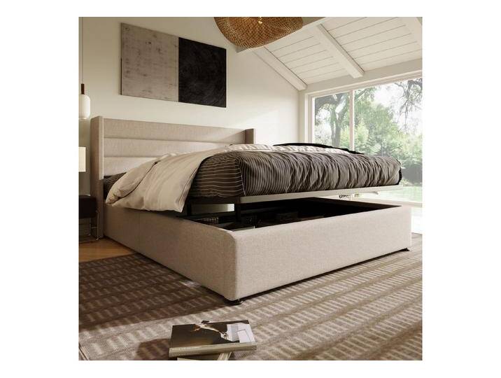 autolock Polsterbett Hydraulisch Doppelbett Stauraumbett Lattenrost aus Holz Metallrahmen (140x200 cm), Bett Bettgestell für Kinder, Jugendliche und Erwachsene, Leinen von autolock