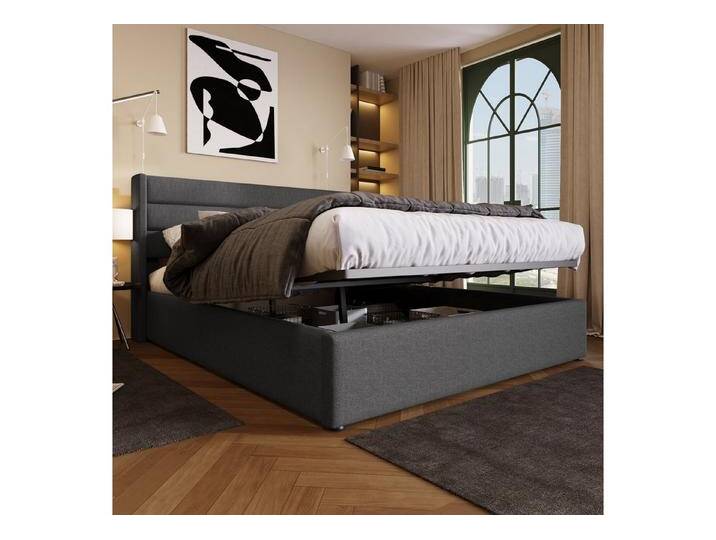 autolock Polsterbett Hydraulisch Doppelbett Stauraumbett Lattenrost aus Holz Metallrahmen (140x200 cm), Bett Bettgestell für Kinder, Jugendliche und Erwachsene, Leinen von autolock