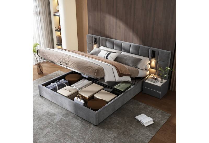 autolock Polsterbett Hydraulisch Doppelbett mit Leselicht, USB-Aufladung, Breites Kopfteil (180*200 cm), Stauraumbett Continentalbett, Samt, grau von autolock