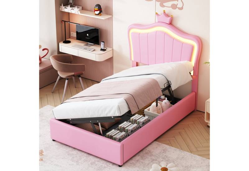 autolock Polsterbett Kinderbett Hydraulisches Stauraumbett Einzelbett mit LED-Beleuchtung (Bettgestell 90x200 cm, mit Höhenverstellbares Kopfteil, Keine Matratze), Einzelhochboxbett mit Kronendesign, Lattenrost, Kunstleder, Weiß von autolock