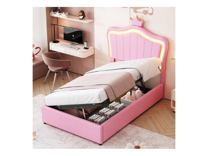 autolock Polsterbett Kinderbett Hydraulisches Stauraumbett Einzelbett mit LED-Beleuchtung (Bettgestell 90x200 cm, mit Höhenverstellbares Kopfteil, Keine Matratze), Einzelhochboxbett mit Kronendesign, Lattenrost, Kunstleder, Weiß von autolock