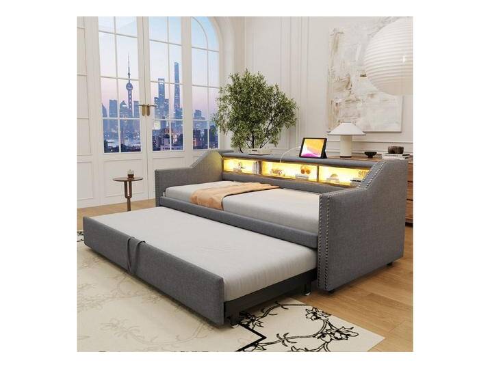 autolock Polsterbett Polsterbett, Ausziehbares Schlafsofa, LED-Licht und USB-Buchse, grau, Dunkelgrau von autolock
