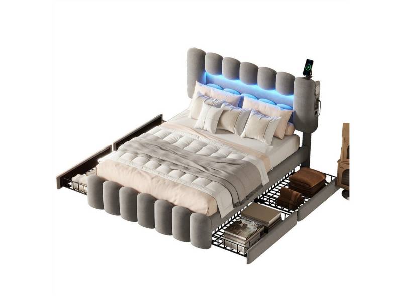 autolock Polsterbett Polsterbett,Polsterbett mit 4 Schubladen,Kinderbett mit USB, mit LED-Lichtleiste und Stereoanlage,140 x 200cm von autolock